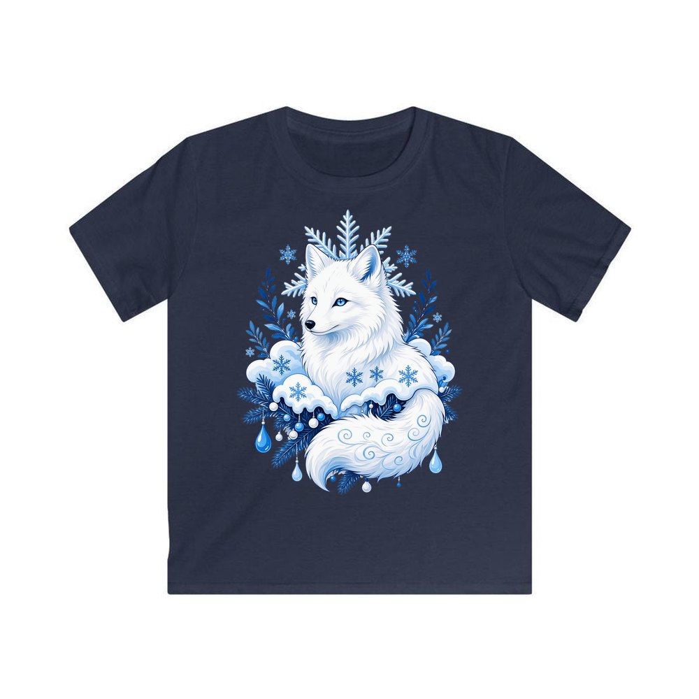 Arctic Fox in Snowflakes personalised kids Christmas tee in navy