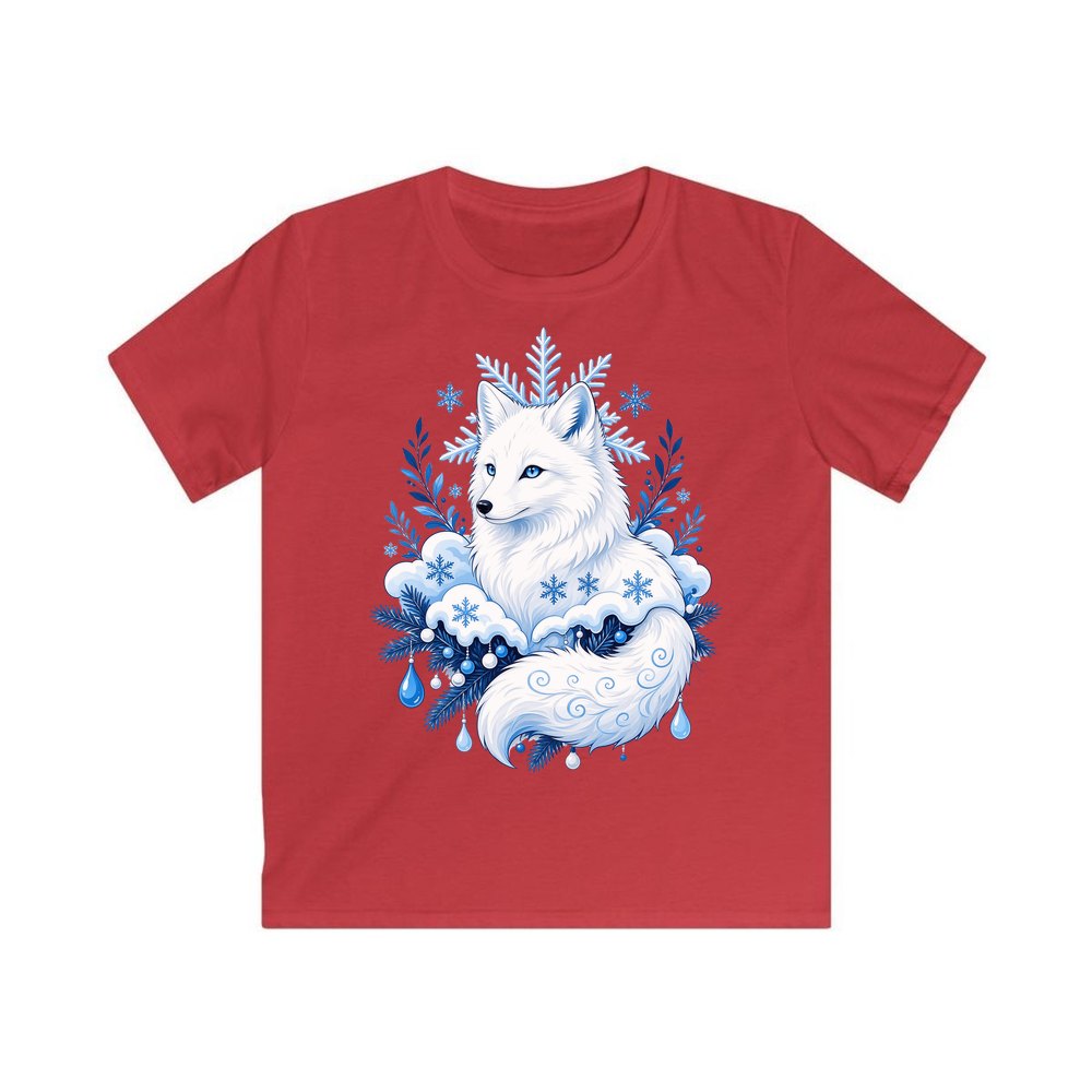 Arctic Fox in Snowflakes personalised kids Christmas tee in red