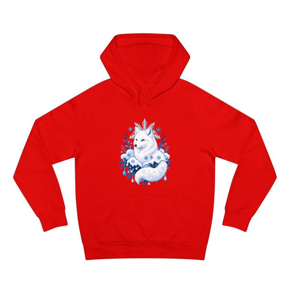 Arctic Fox in Snowflakes personalised Christmas hoodie in red