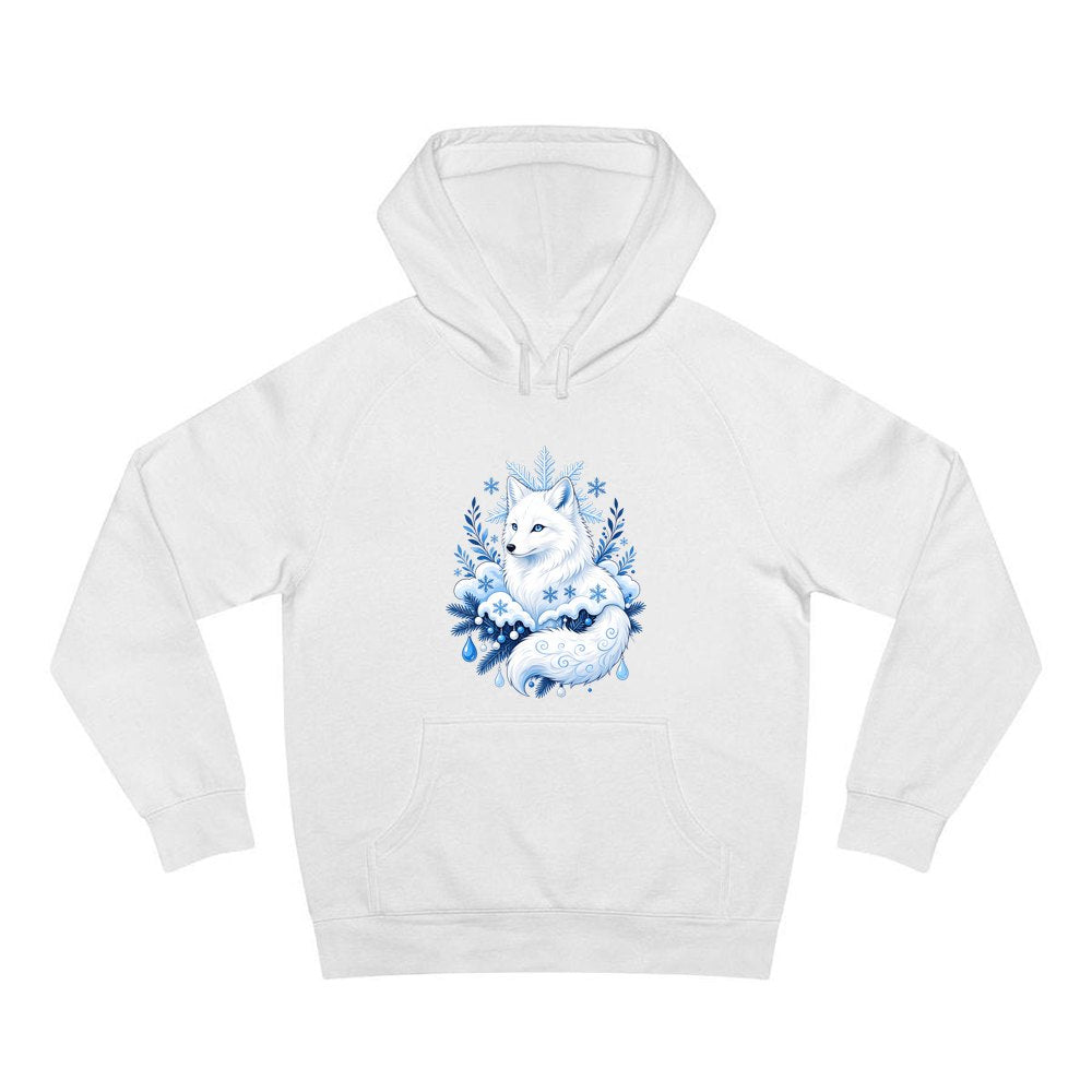 Arctic Fox in Snowflakes personalised Christmas hoodie in white