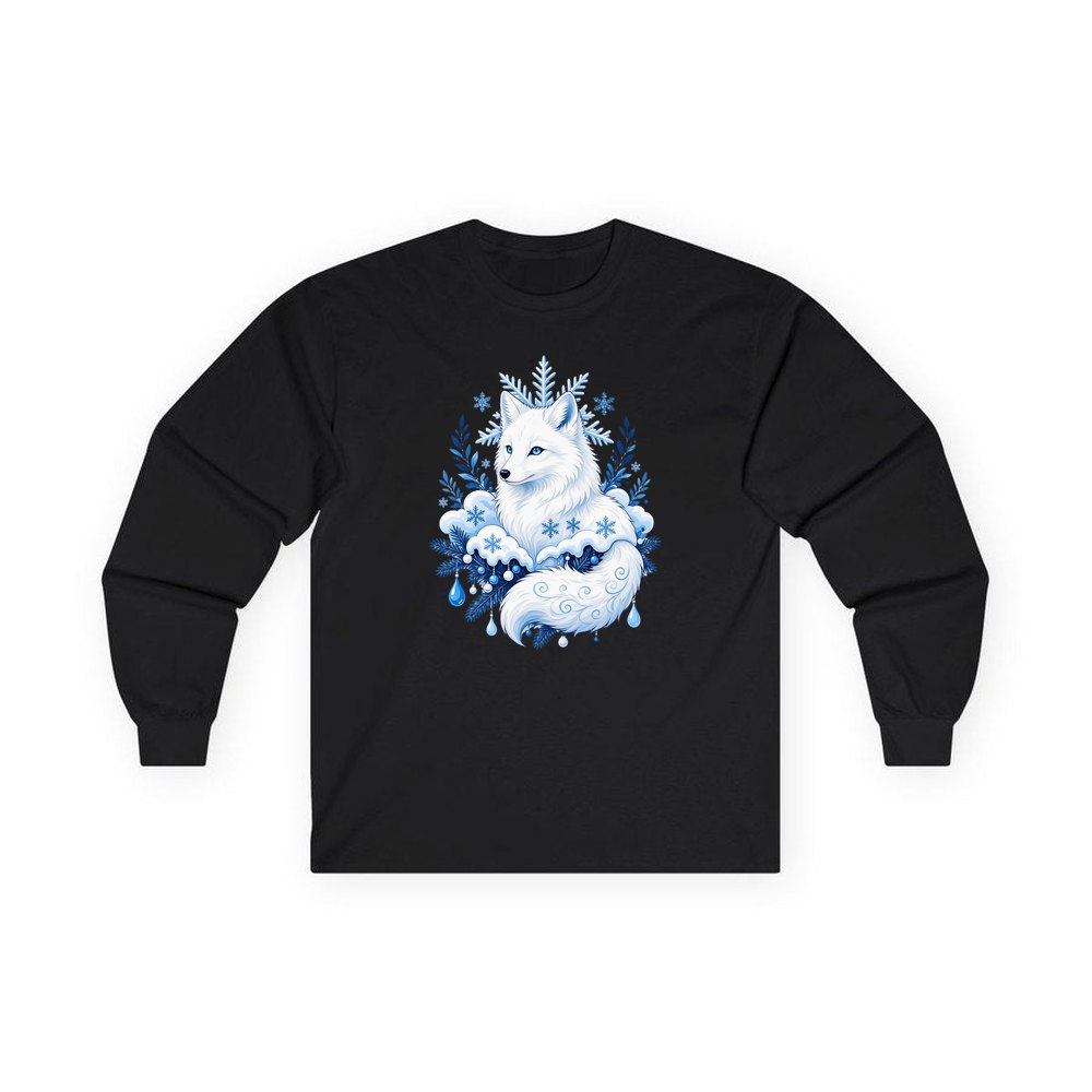 Arctic Fox in Snowflakes personalised long sleeve Christmas T-shirt in black