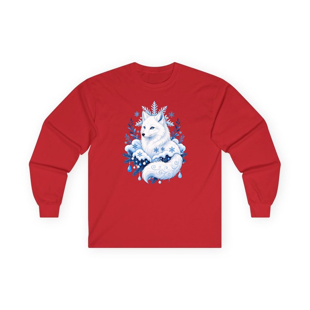 Arctic Fox in Snowflakes personalised long sleeve Christmas T-shirt in red