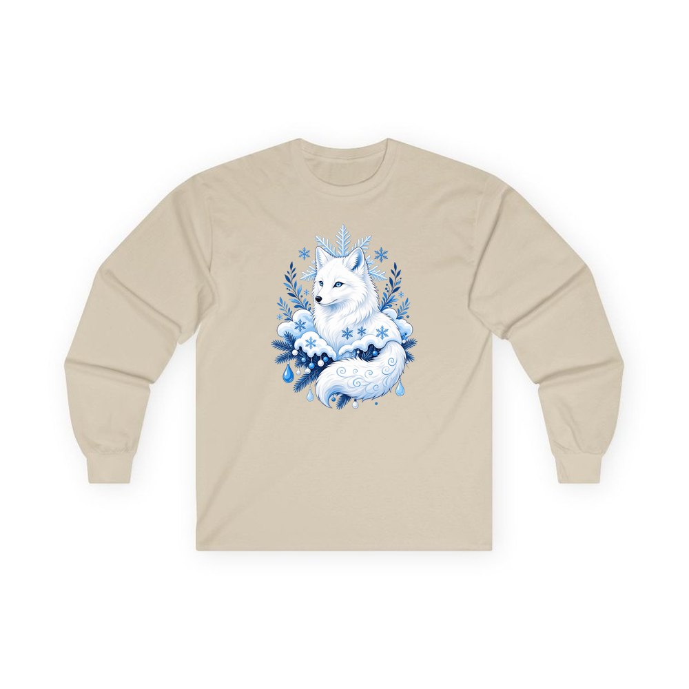 Arctic Fox in Snowflakes personalised long sleeve Christmas T-shirt in sand