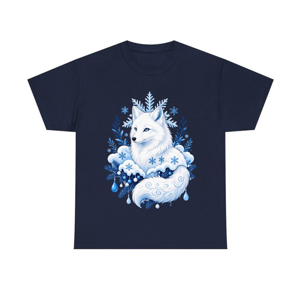 Arctic Fox in Snowflakes personalised Christmas T-shirt in navy