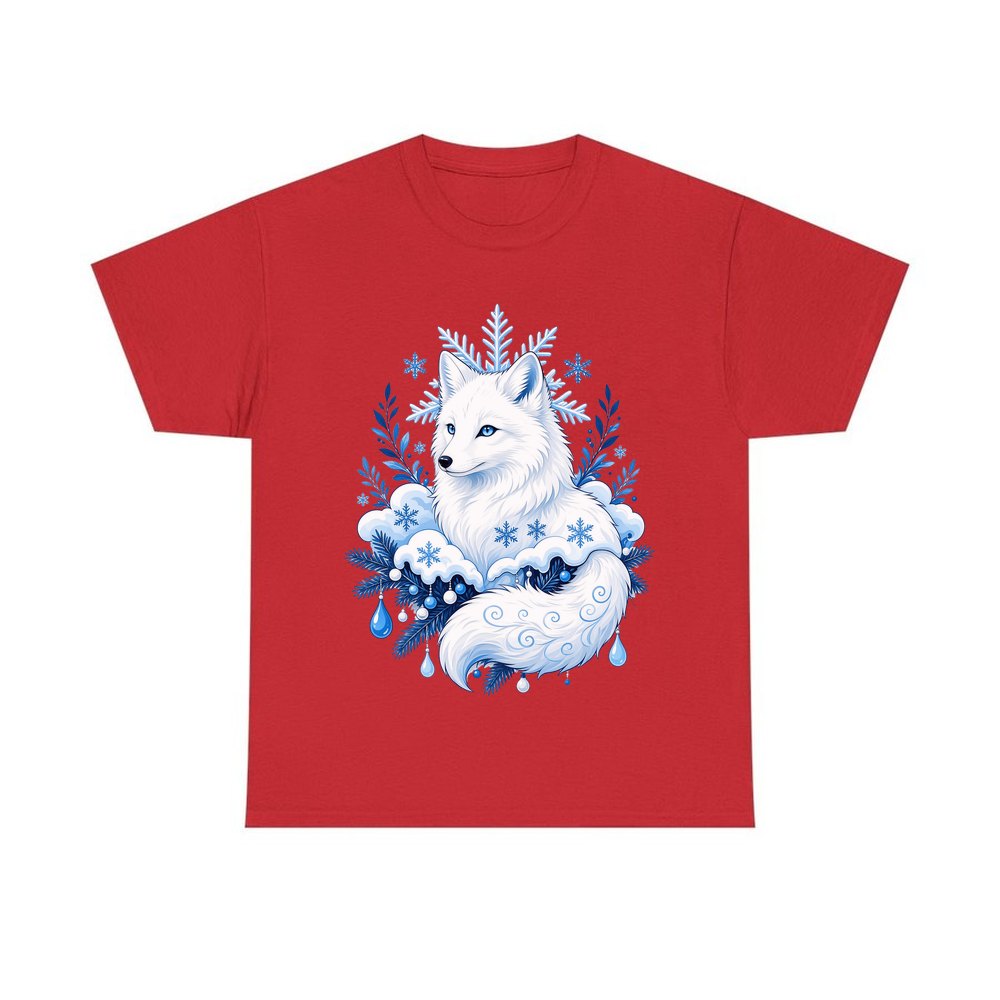 Arctic Fox in Snowflakes personalised Christmas T-shirt in red
