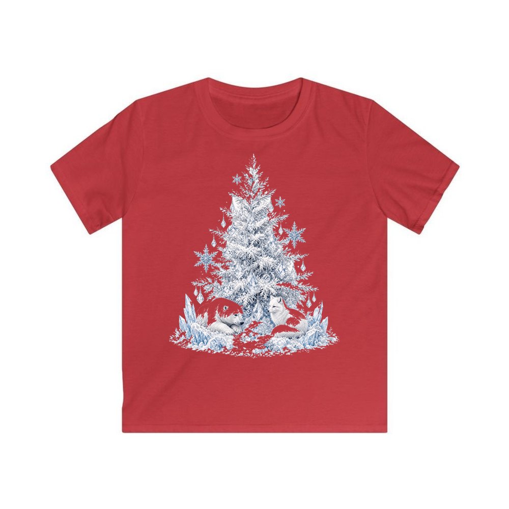 Arctic Snow Tree with Polar Bears personalised kids Christmas tee in red