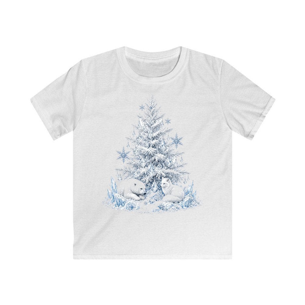 Arctic Snow Tree With Polar Bears Kids Christmas Tee design on a white kids tee