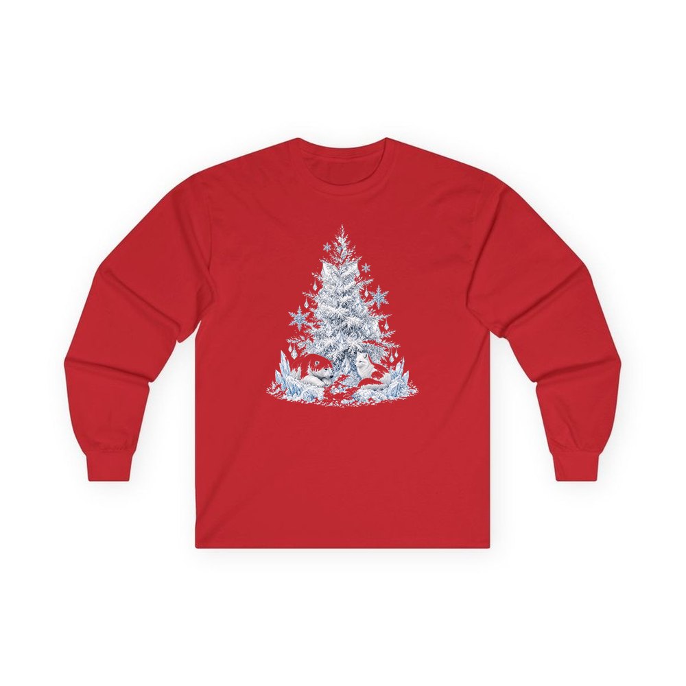 Arctic Snow Tree with Polar Bears personalised long sleeve Christmas T-shirt in red