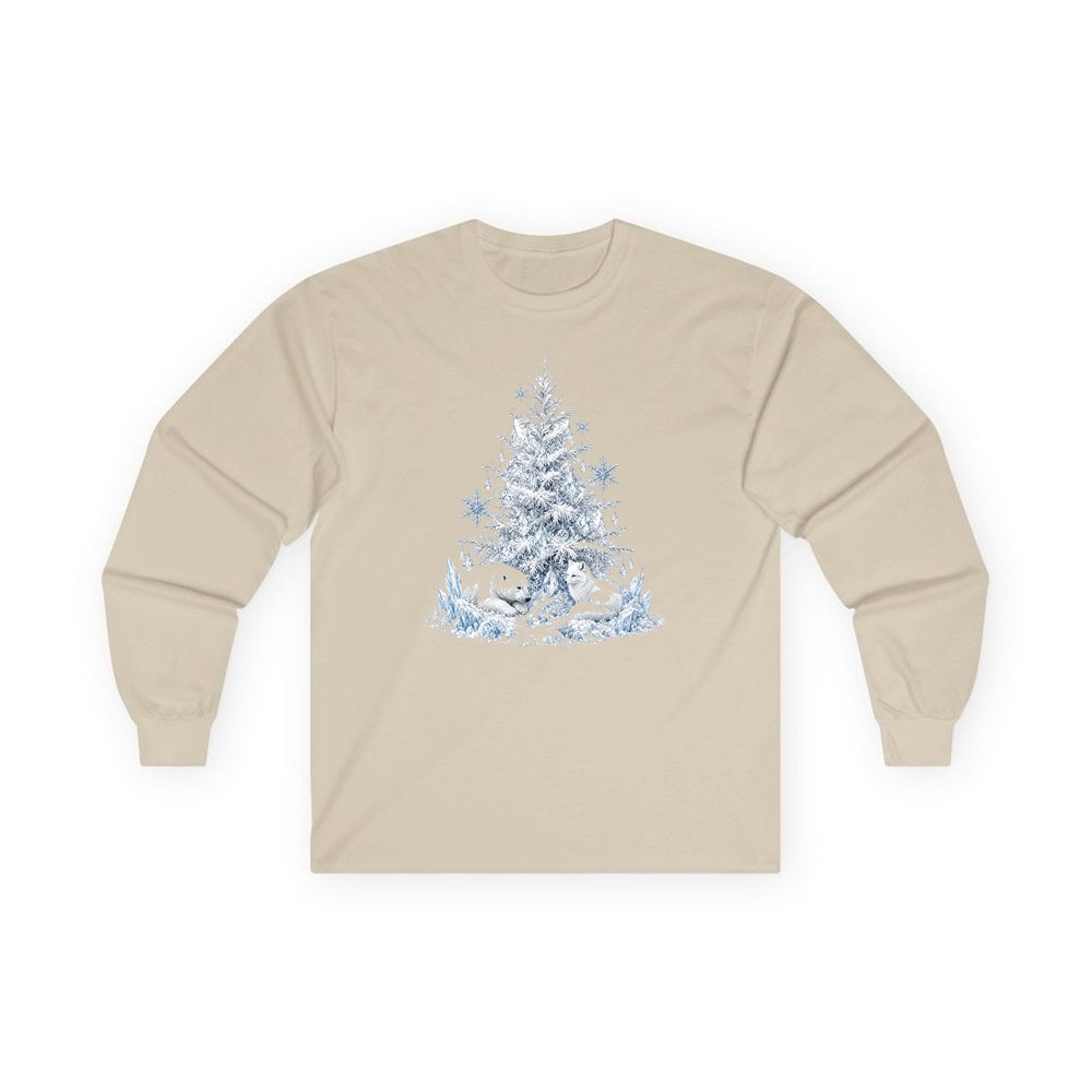 Arctic Snow Tree with Polar Bears personalised long sleeve Christmas T-shirt in sand
