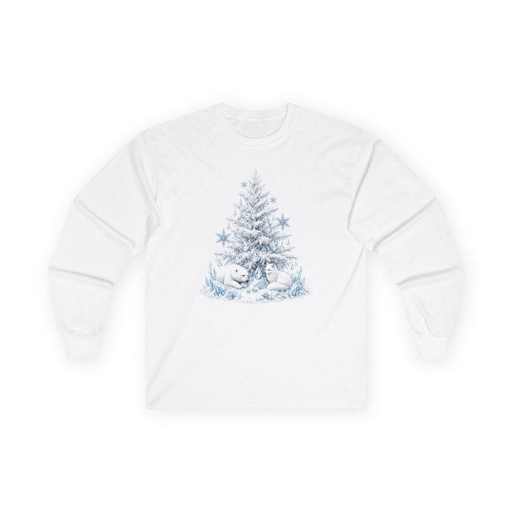 Arctic Snow Tree with Polar Bears personalised long sleeve Christmas T-shirt in white