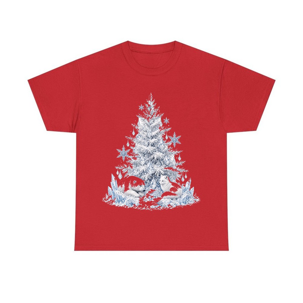 Arctic Snow Tree with Polar Bears personalised Christmas T-shirt in red