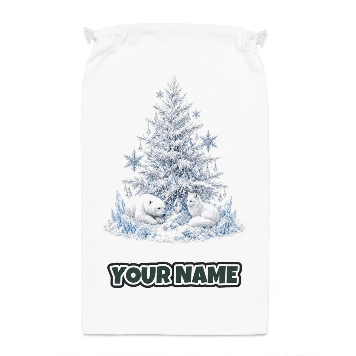 Arctic Snow Tree with Polar Bears Santa sack laid flat, showing the full print