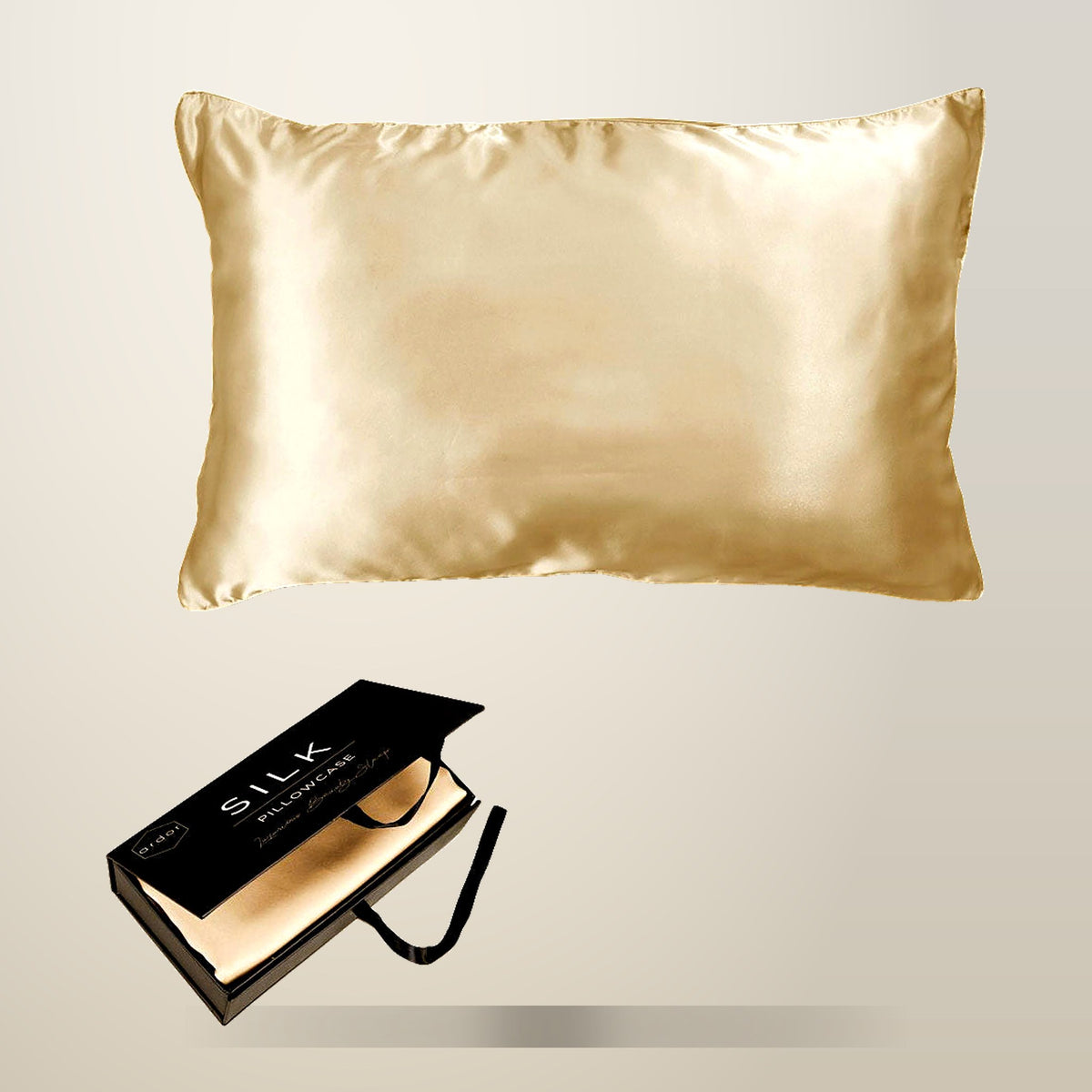Ardor Mulberry Silk Pillowcase, Golden Princess, on a plain cream background
