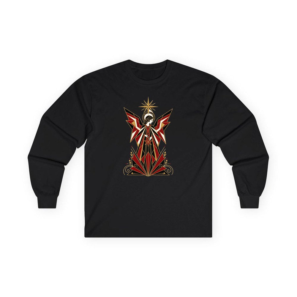 Art Deco Christmas Angel personalised long sleeve Christmas T-shirt in black