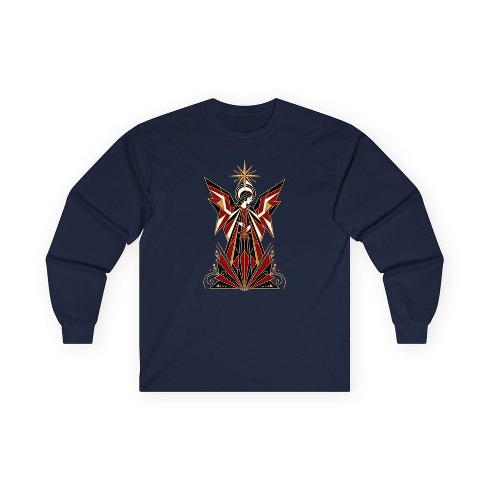 Art Deco Christmas Angel personalised long sleeve Christmas T-shirt in navy