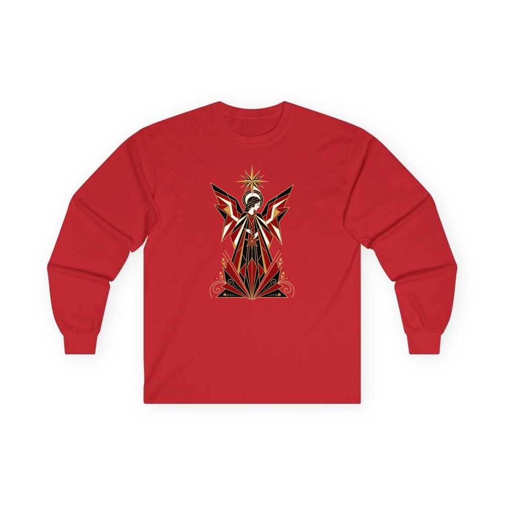 Art Deco Christmas Angel personalised long sleeve Christmas T-shirt in red