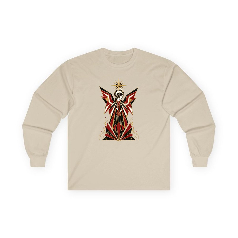 Art Deco Christmas Angel personalised long sleeve Christmas T-shirt in sand