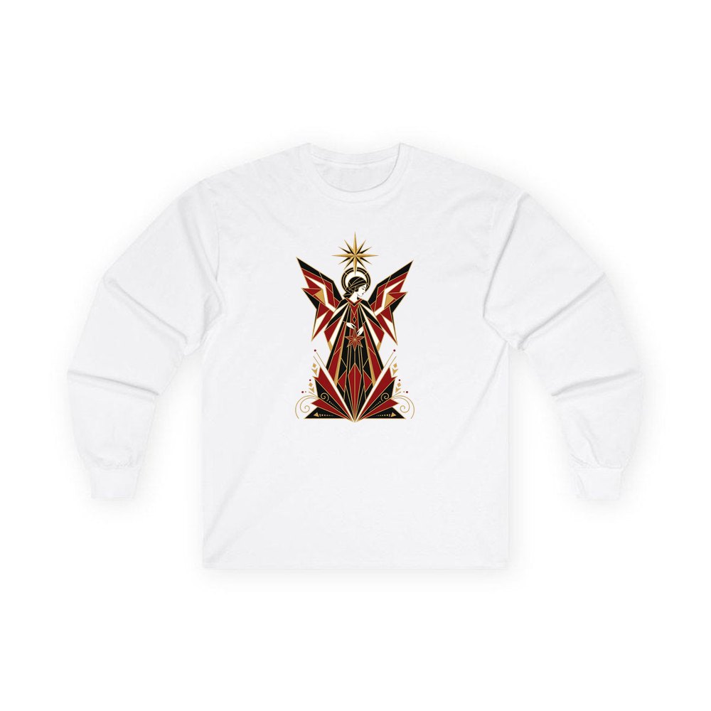 Art Deco Christmas Angel personalised long sleeve Christmas T-shirt in white