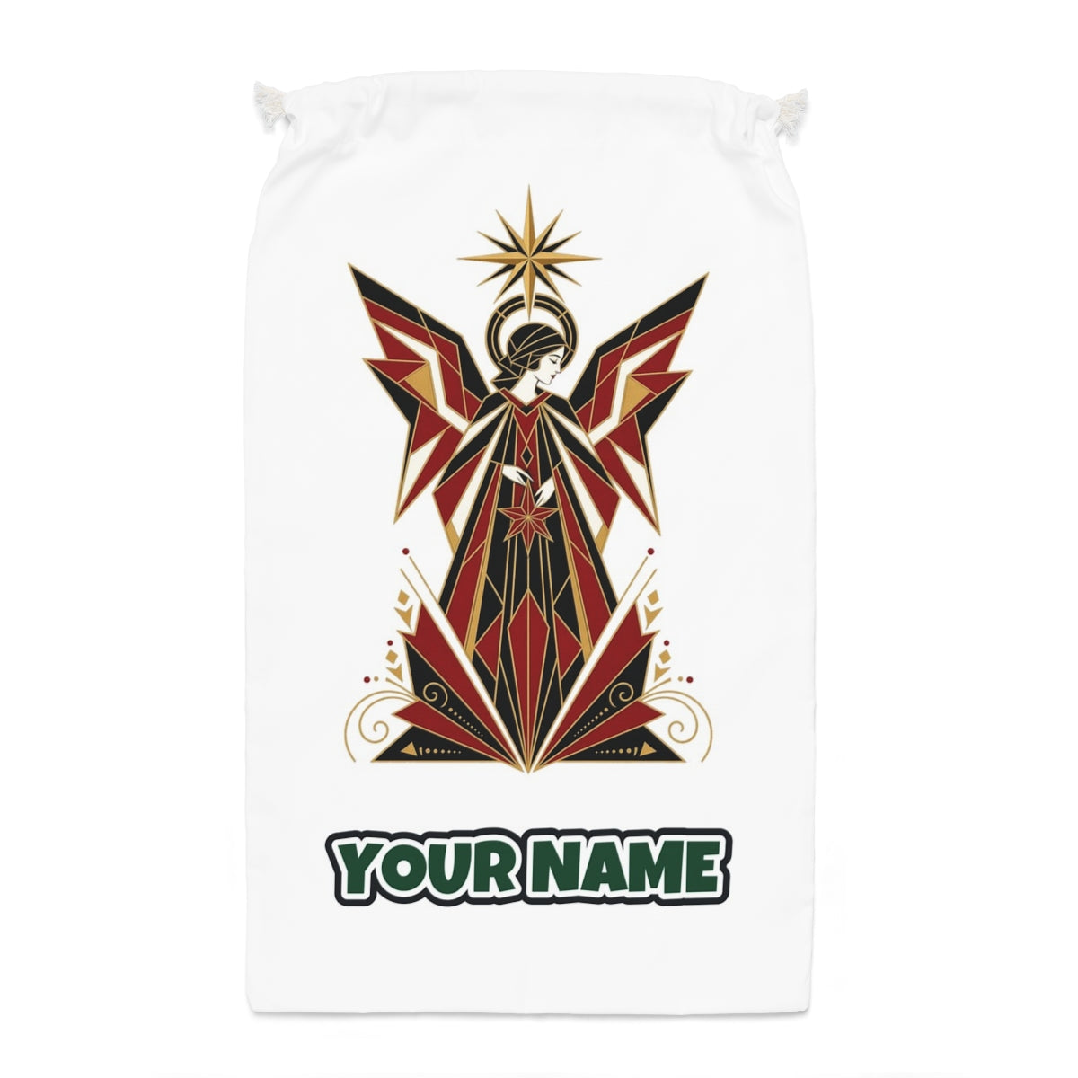 Art Deco Christmas Angel Santa sack laid flat, showing the full print