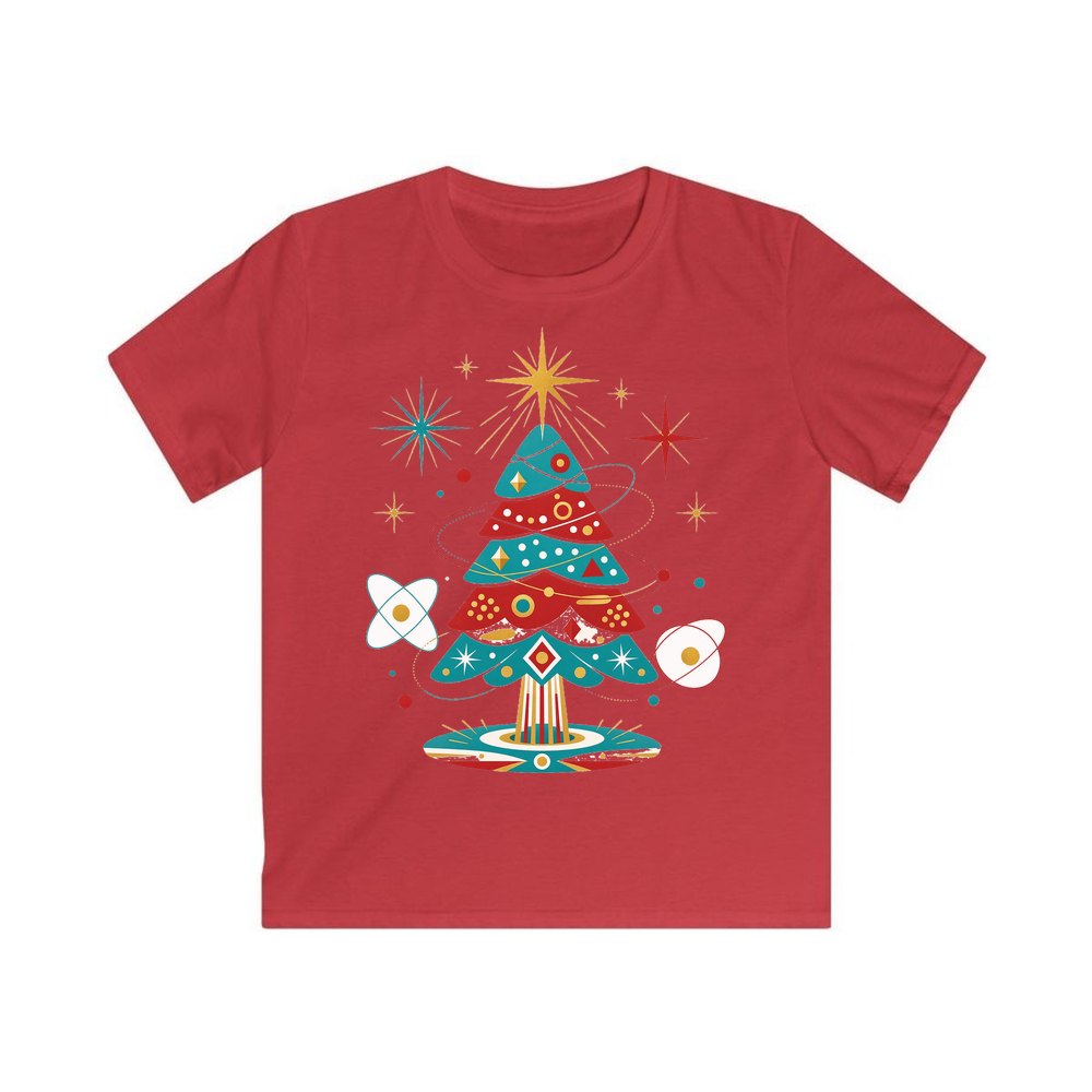 Atomic Mid Century Tree personalised kids Christmas tee in red