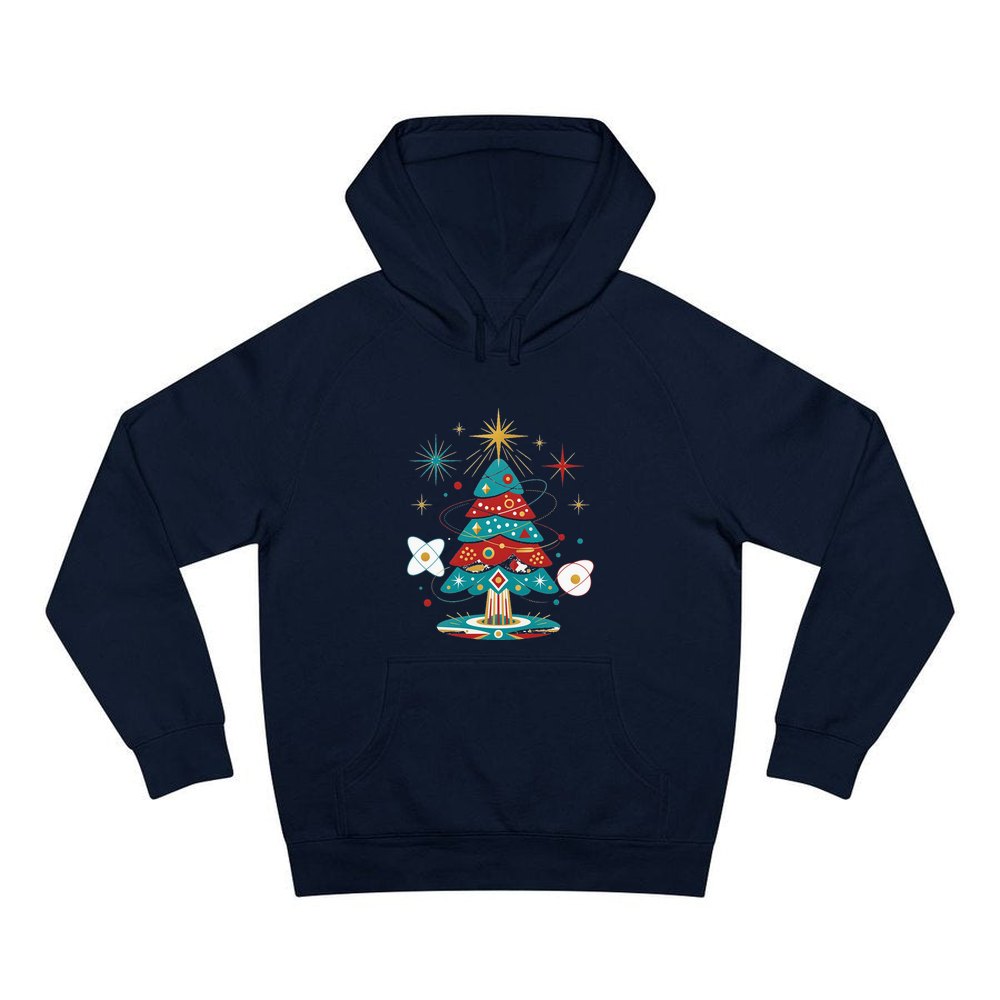 Atomic Mid Century Tree personalised Christmas hoodie in navy