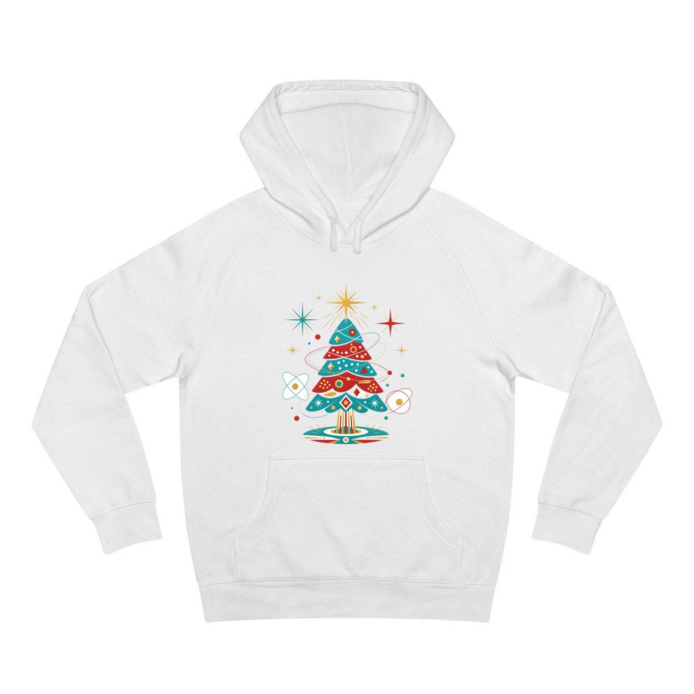 Atomic Mid Century Tree personalised Christmas hoodie in white