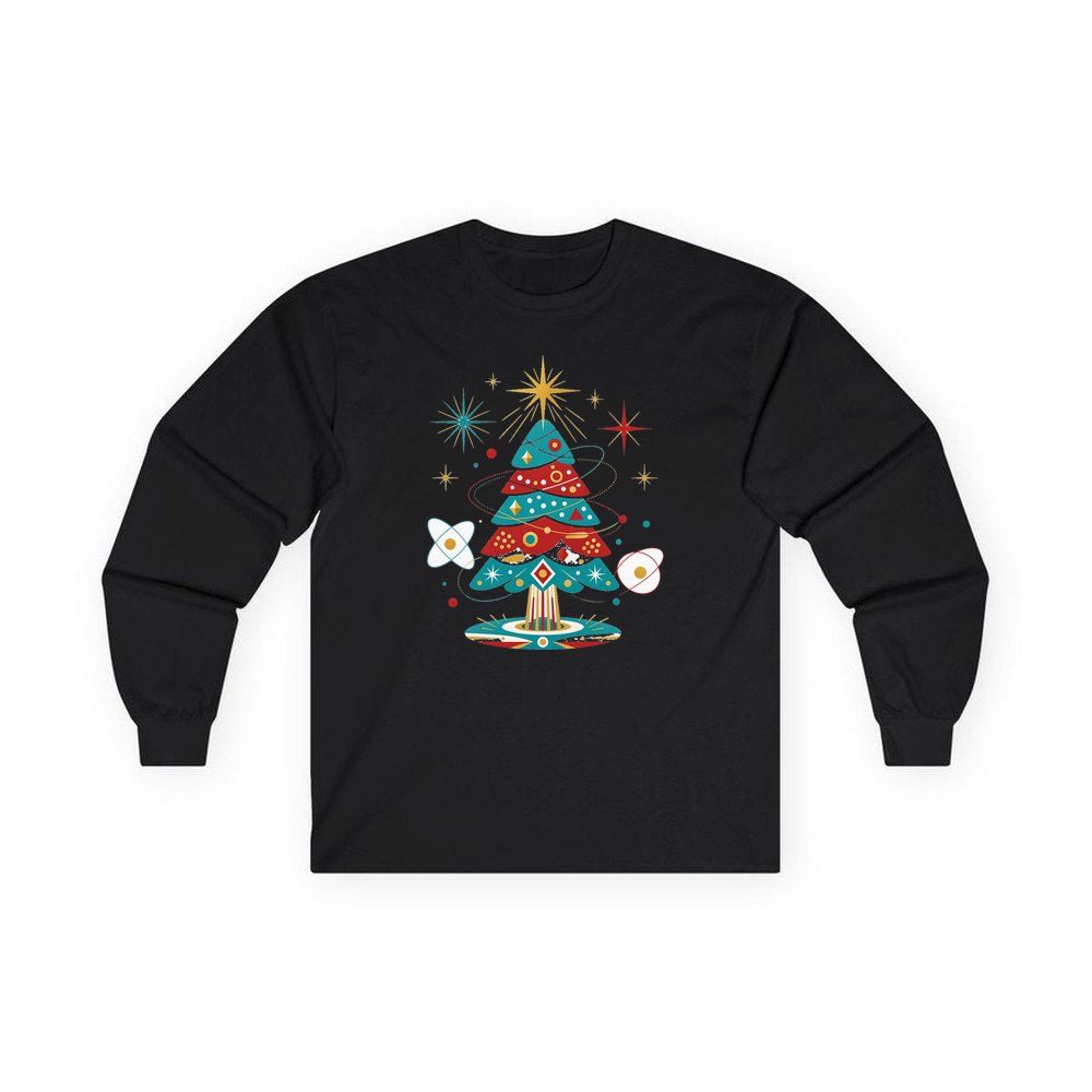 Atomic Mid Century Tree personalised long sleeve Christmas T-shirt in black