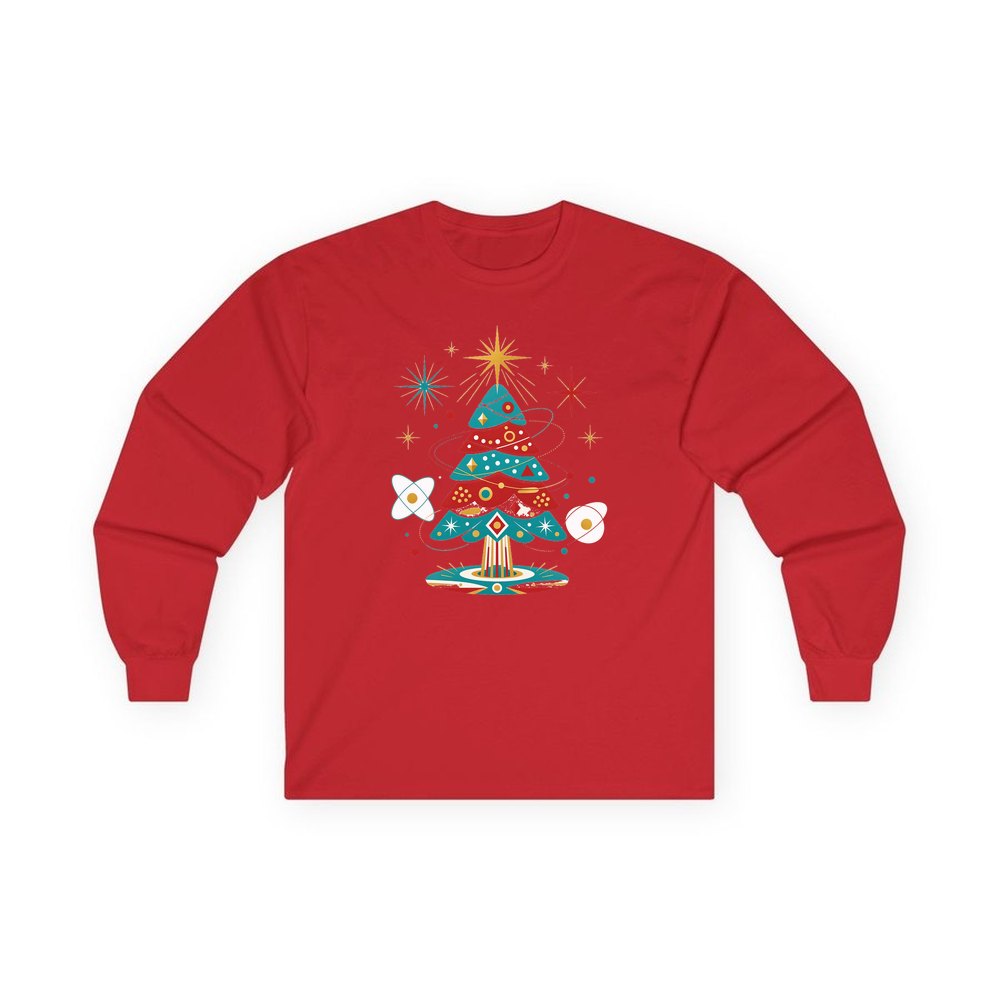 Atomic Mid Century Tree personalised long sleeve Christmas T-shirt in red