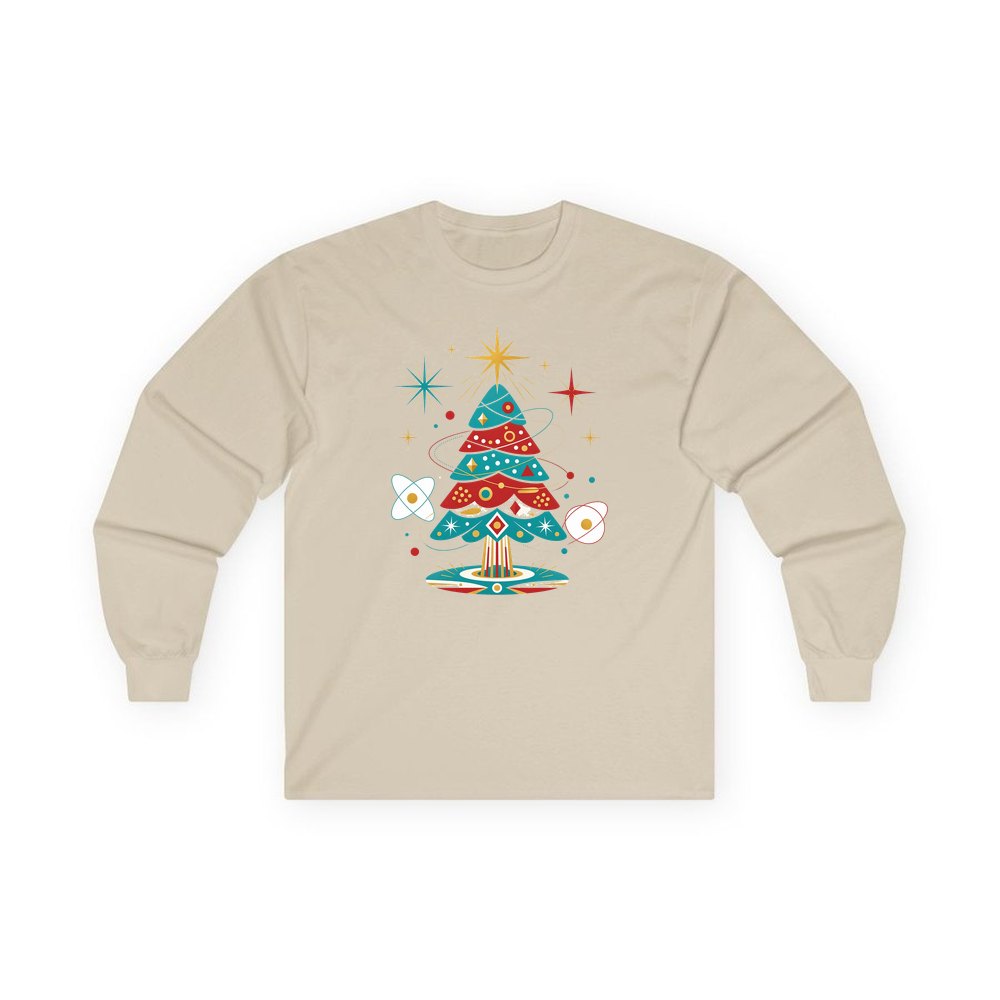 Atomic Mid Century Tree personalised long sleeve Christmas T-shirt in sand