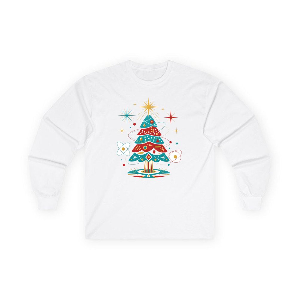 Atomic Mid Century Tree personalised long sleeve Christmas T-shirt in white