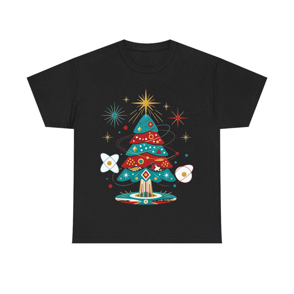 Atomic Mid Century Tree personalised Christmas T-shirt in black