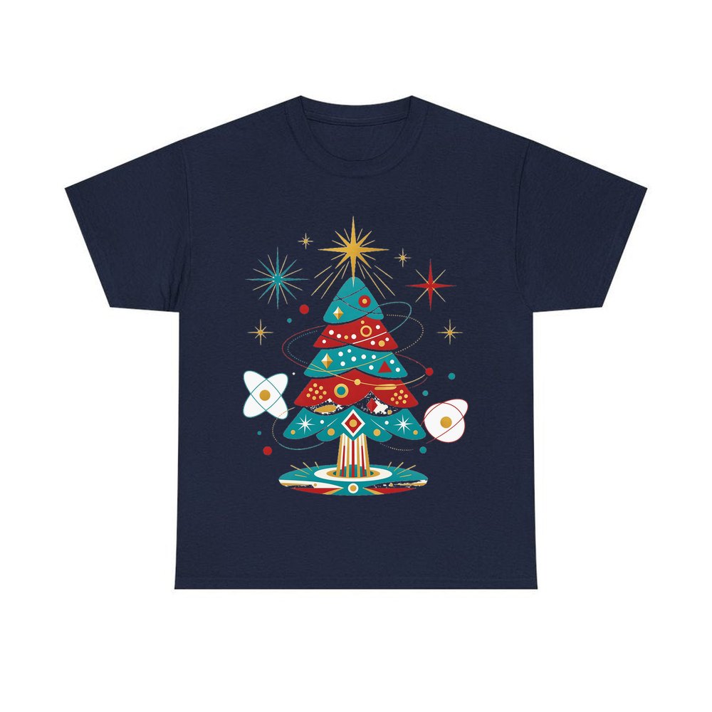 Atomic Mid Century Tree personalised Christmas T-shirt in navy