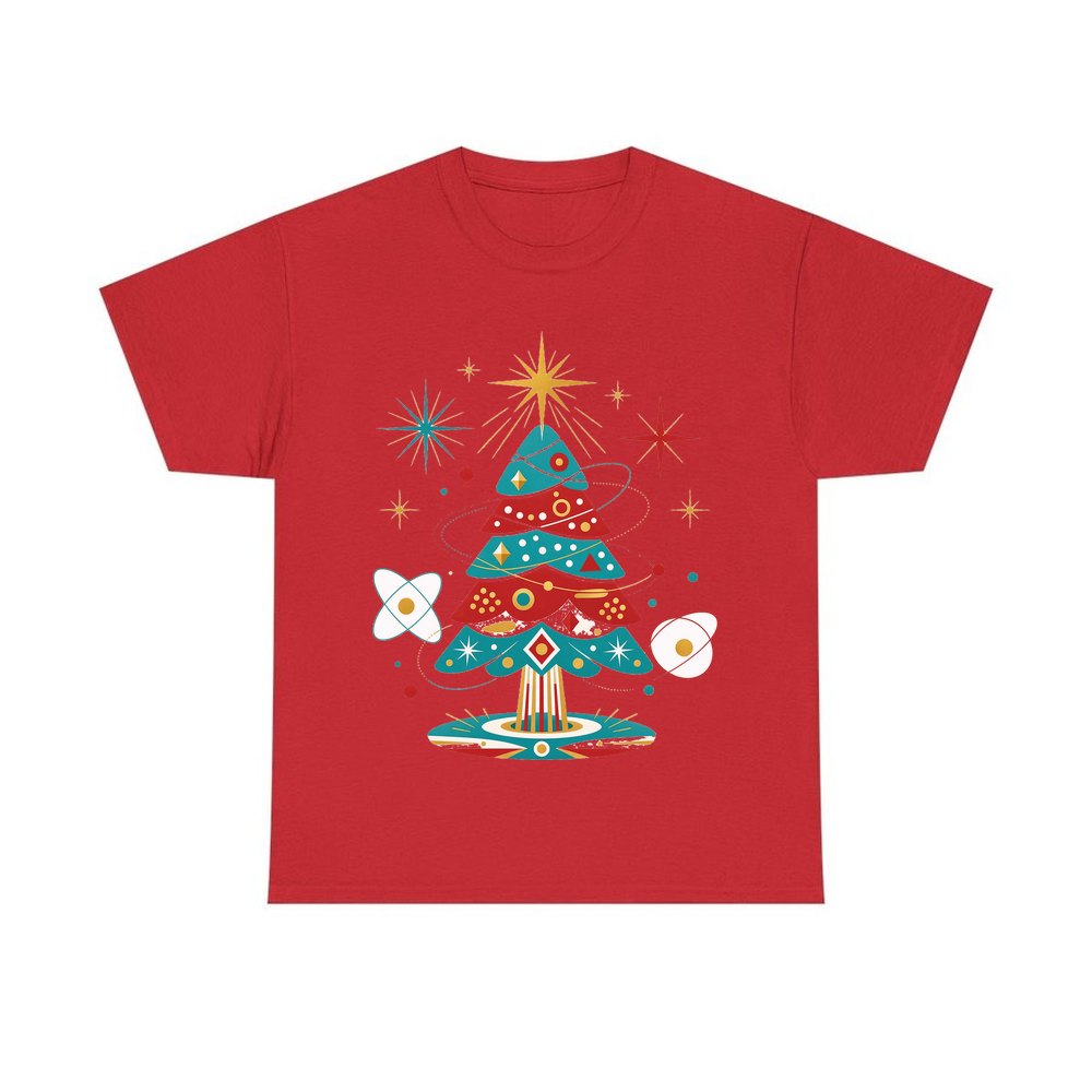 Atomic Mid Century Tree personalised Christmas T-shirt in red