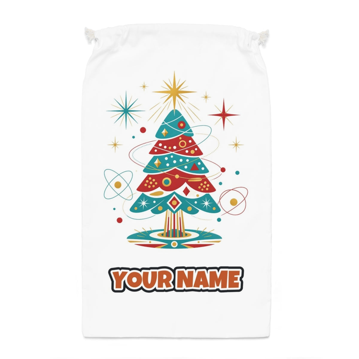 Atomic Mid Century Tree Santa sack laid flat, showing the full print