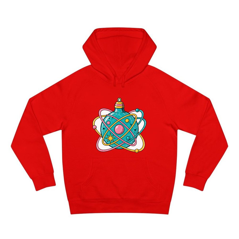 Atomic Orbit Bauble personalised Christmas hoodie in red