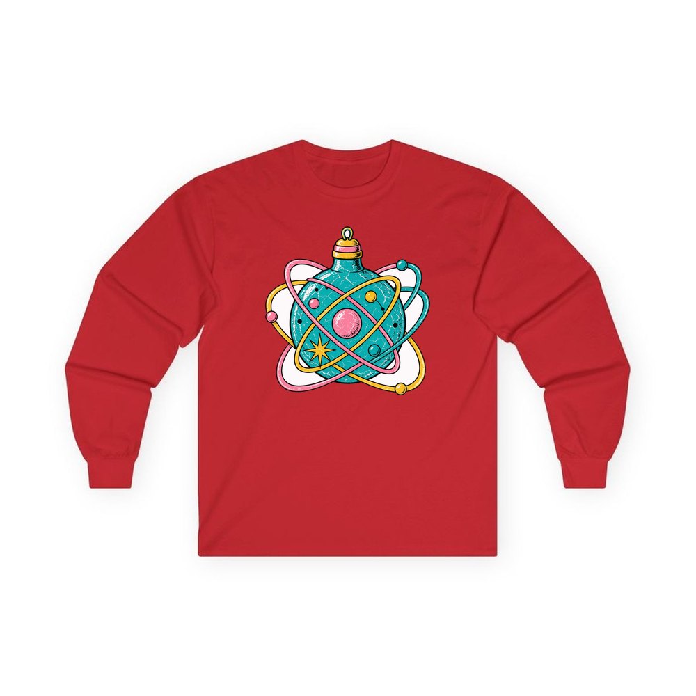Atomic Orbit Bauble personalised long sleeve Christmas T-shirt in red