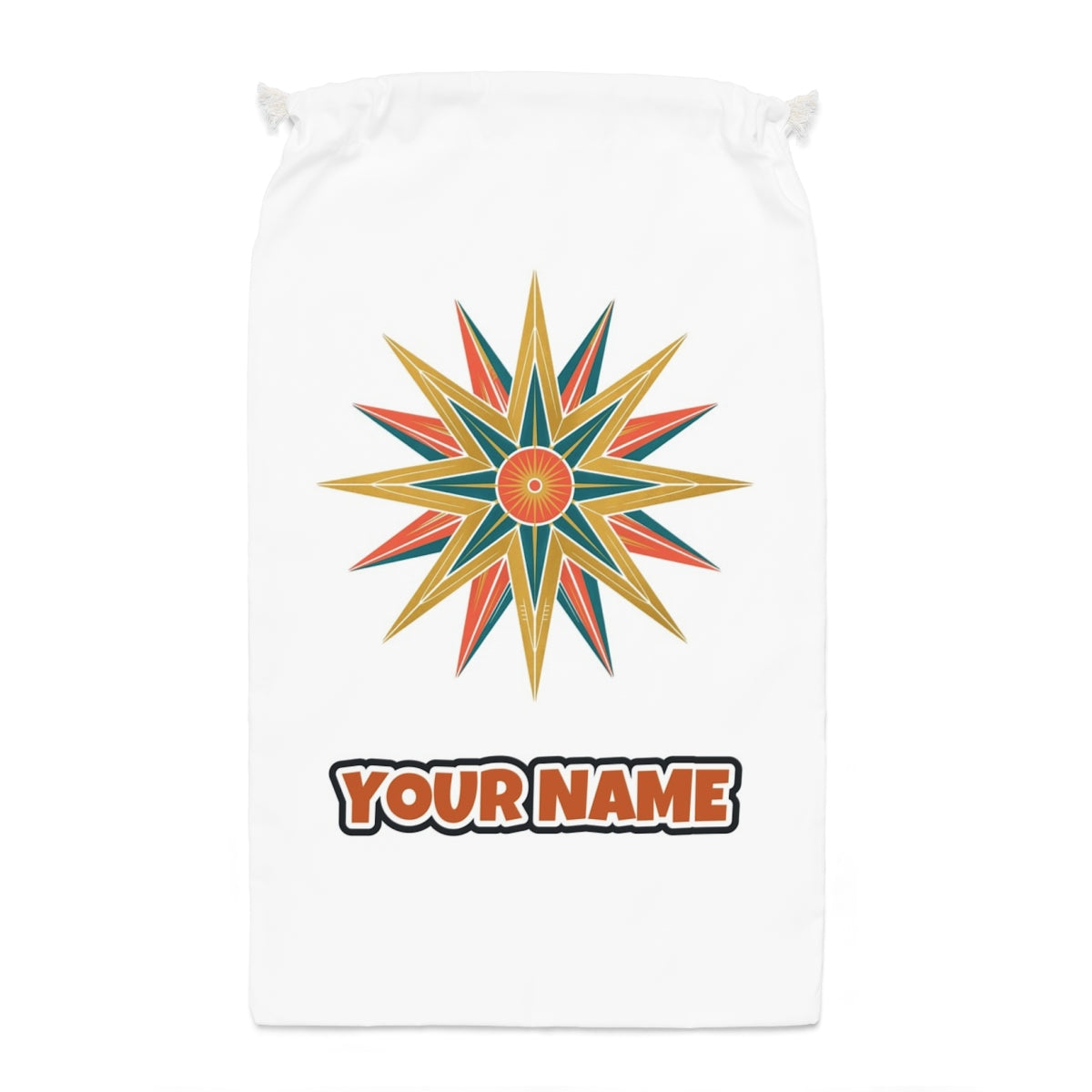 Atomic Starburst Star Santa sack laid flat, showing the full print