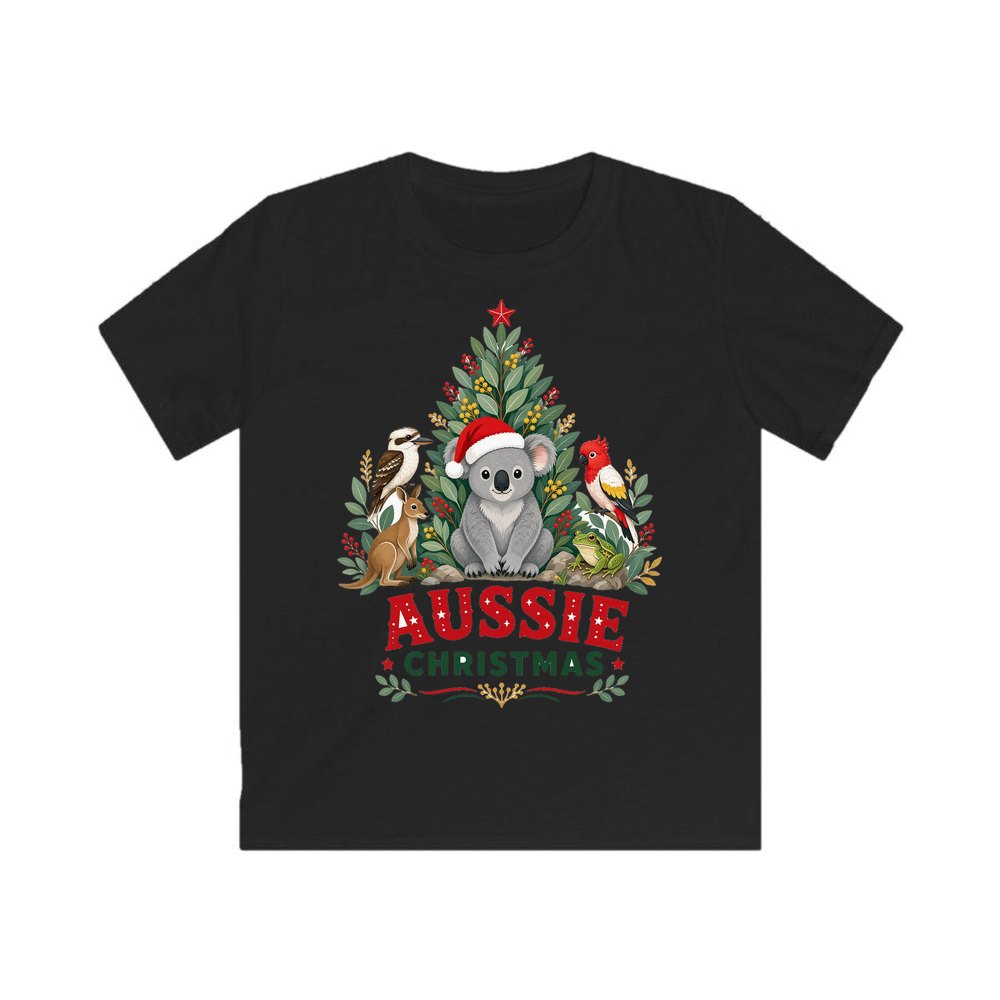 Aussie Animals Christmas Tree personalised kids Christmas tee in black