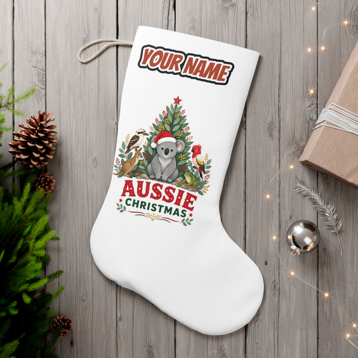 Aussie Animals Christmas Tree personalised Christmas stocking, white, with the name across the top