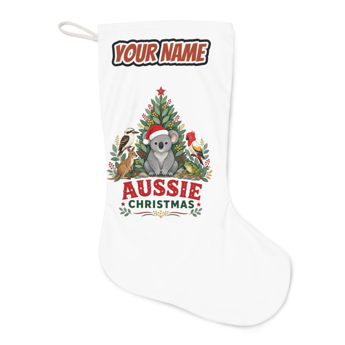 Aussie Animals Christmas Tree Christmas stocking laid flat, showing the full print