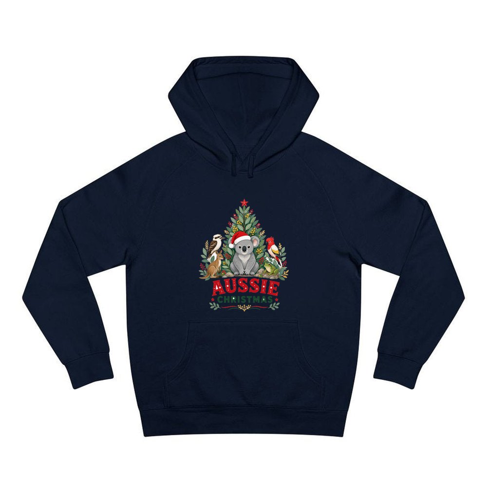 Aussie Animals Christmas Tree personalised Christmas hoodie in navy
