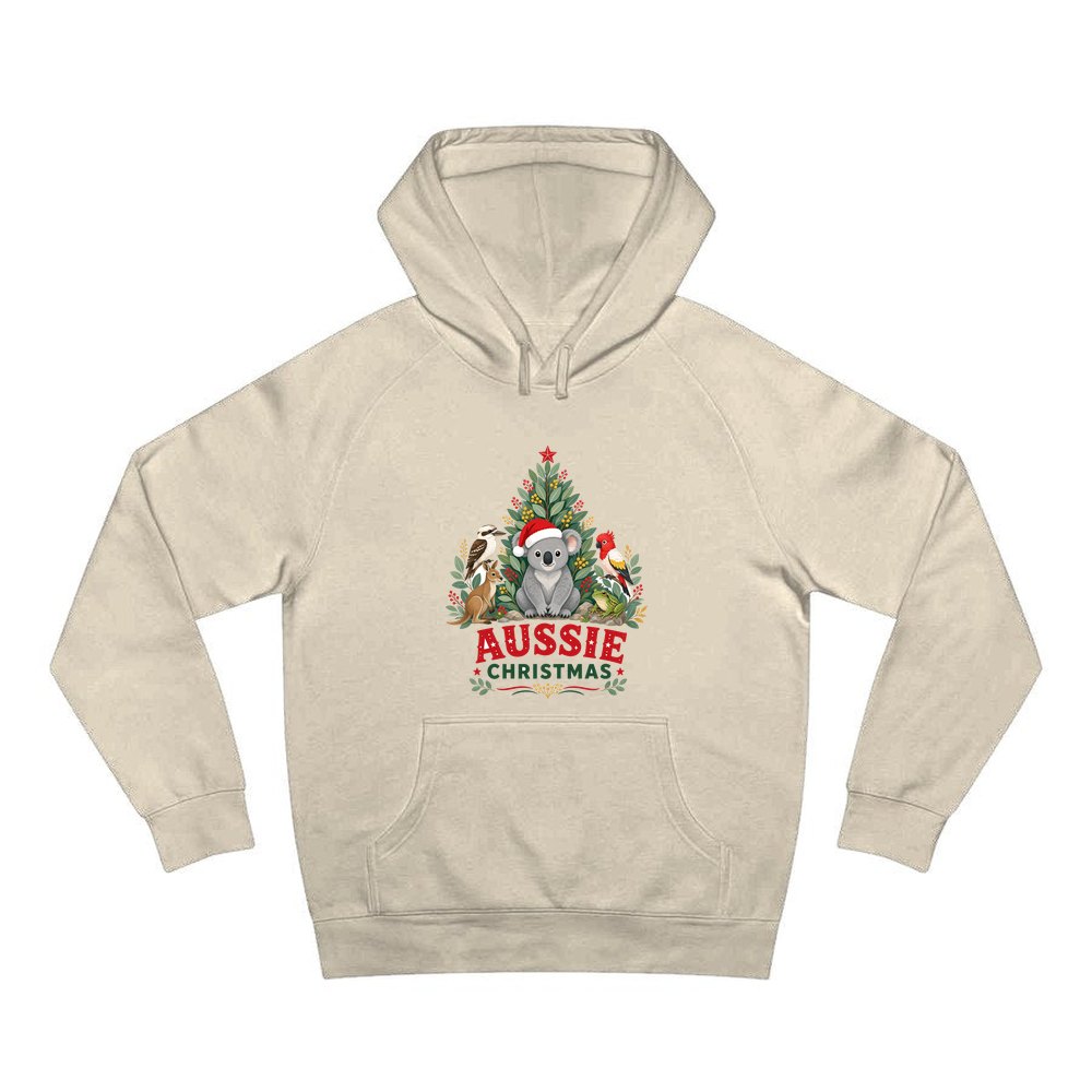 Aussie Animals Christmas Tree personalised Christmas hoodie in sand