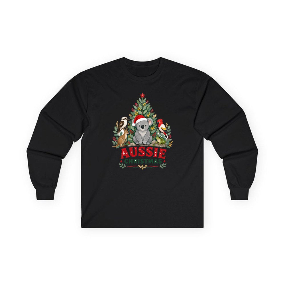 Aussie Animals Christmas Tree personalised long sleeve Christmas T-shirt in black