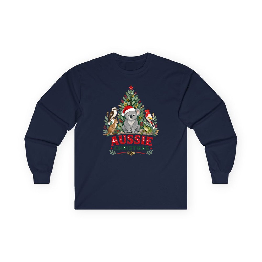 Aussie Animals Christmas Tree personalised long sleeve Christmas T-shirt in navy
