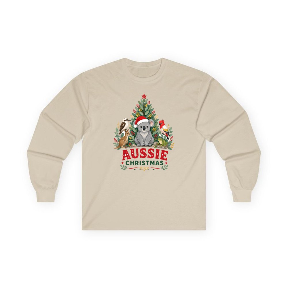 Aussie Animals Christmas Tree personalised long sleeve Christmas T-shirt in sand