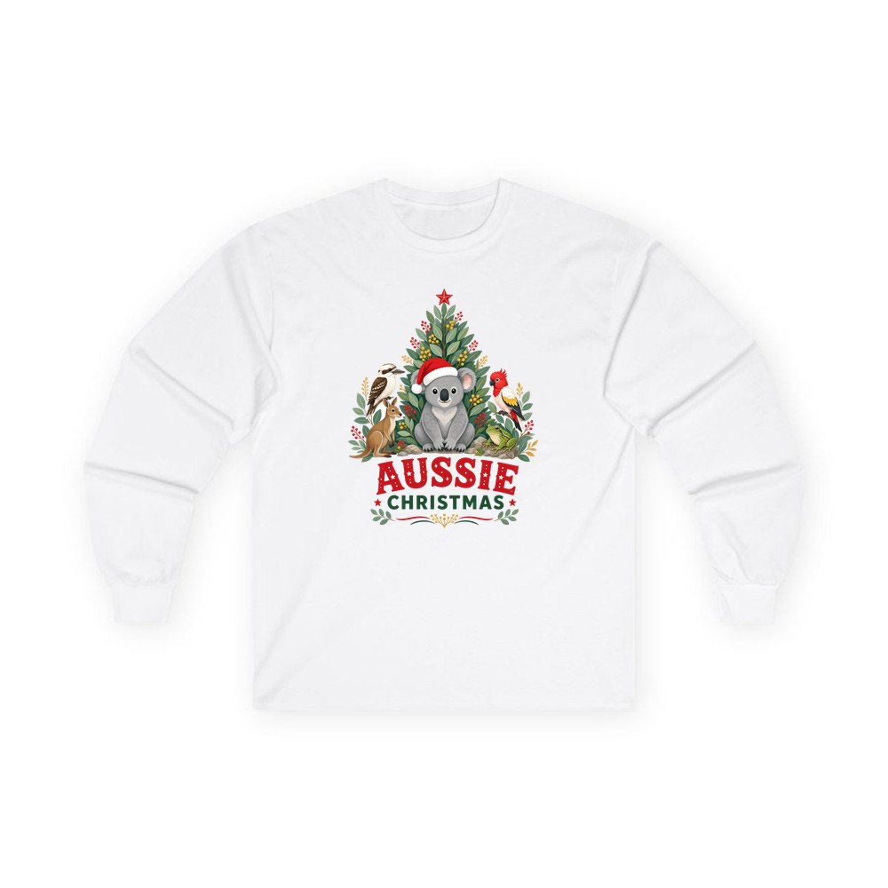 Aussie Animals Christmas Tree personalised long sleeve Christmas T-shirt in white