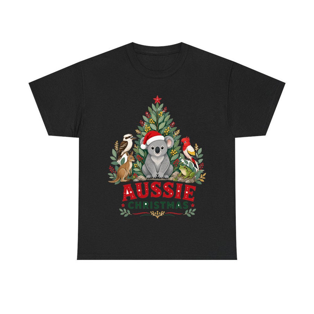 Aussie Animals Christmas Tree personalised Christmas T-shirt in black
