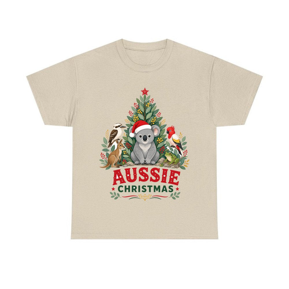 Aussie Animals Christmas Tree personalised Christmas T-shirt in sand