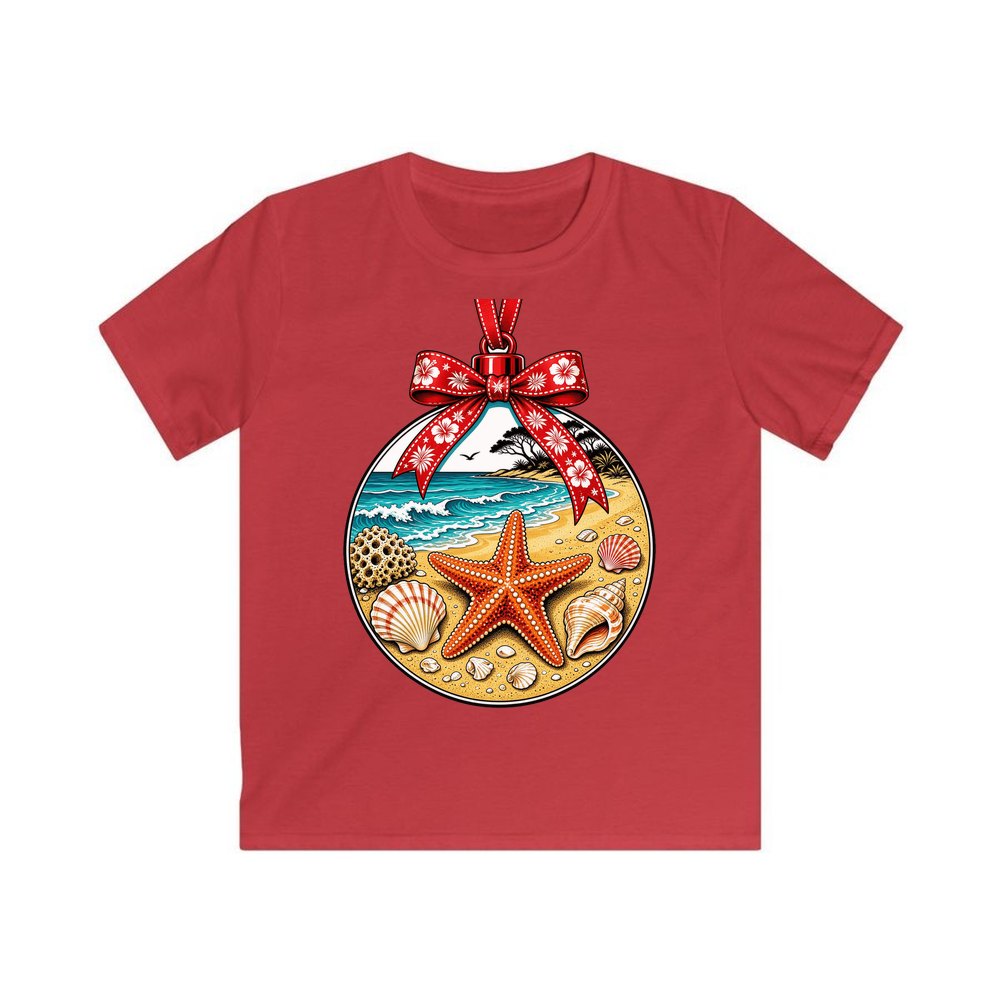 Aussie Beach Christmas Bauble personalised kids Christmas tee in red