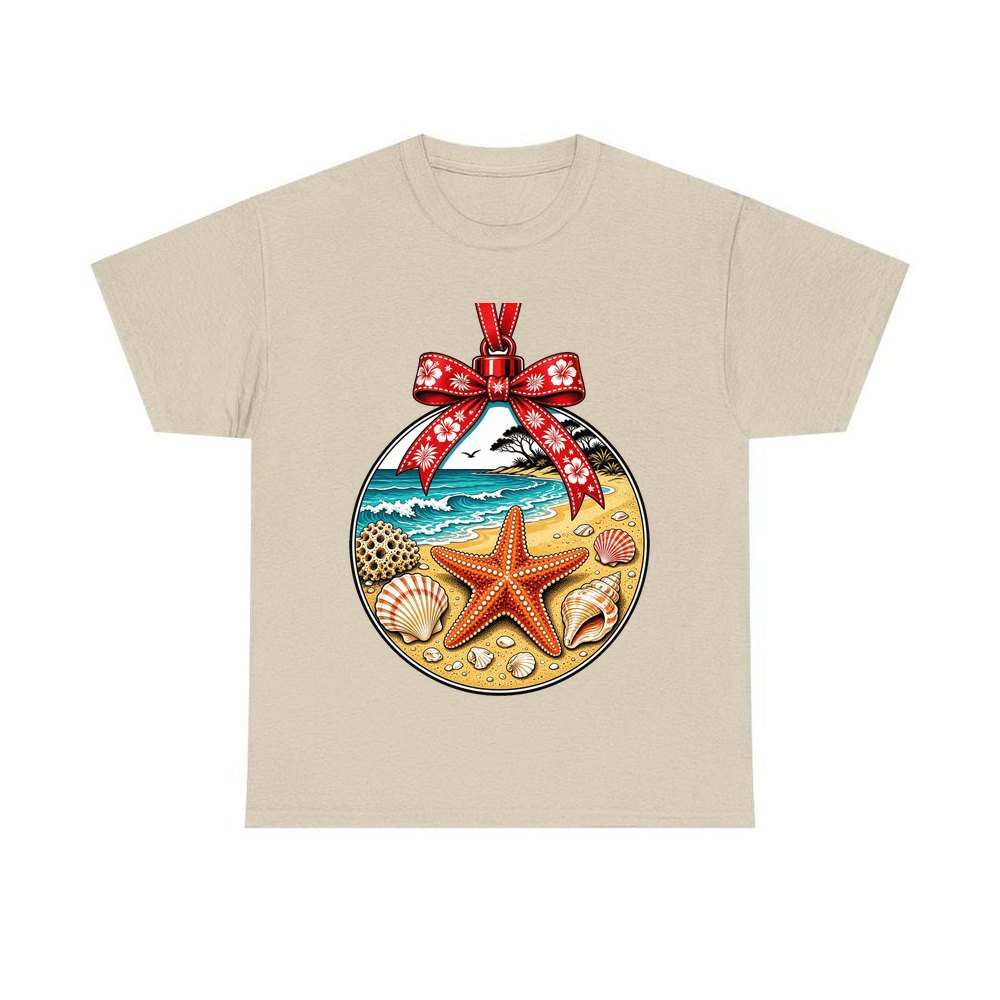 Aussie Beach Christmas Bauble personalised Christmas T-shirt in sand
